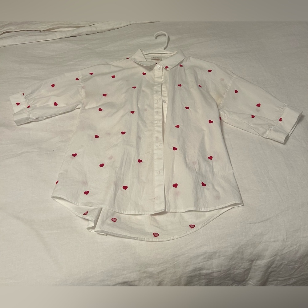 Women’s white button up with red hearts